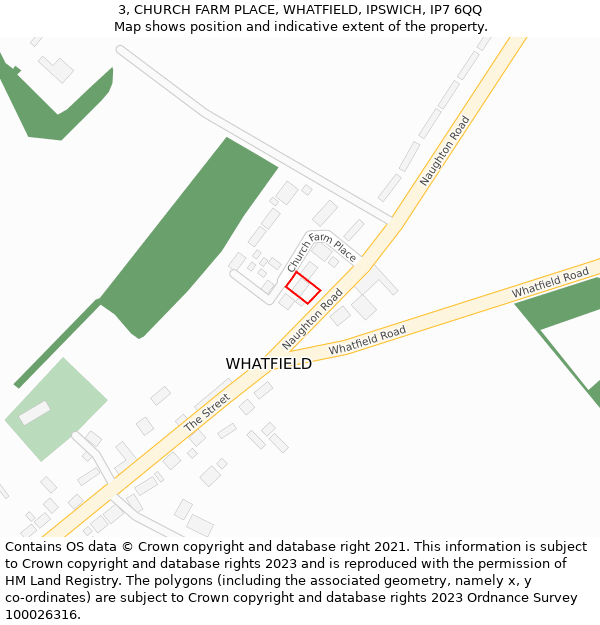 3, CHURCH FARM PLACE, WHATFIELD, IPSWICH, IP7 6QQ: Location map and indicative extent of plot