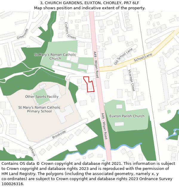 3, CHURCH GARDENS, EUXTON, CHORLEY, PR7 6LF: Location map and indicative extent of plot