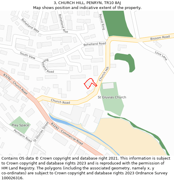 3, CHURCH HILL, PENRYN, TR10 8AJ: Location map and indicative extent of plot