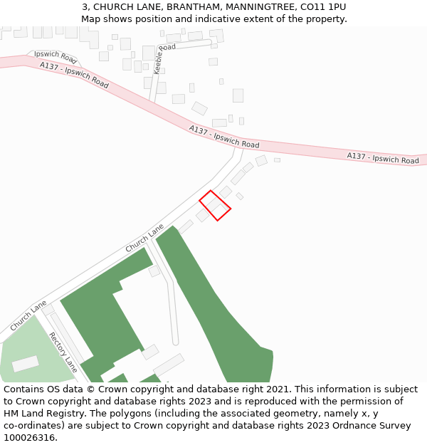3, CHURCH LANE, BRANTHAM, MANNINGTREE, CO11 1PU: Location map and indicative extent of plot