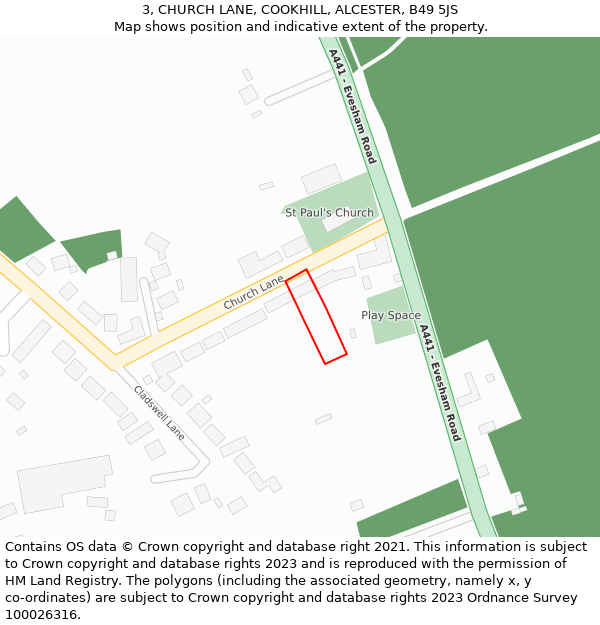 3, CHURCH LANE, COOKHILL, ALCESTER, B49 5JS: Location map and indicative extent of plot