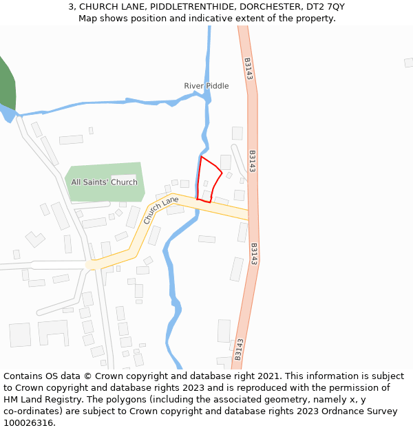 3, CHURCH LANE, PIDDLETRENTHIDE, DORCHESTER, DT2 7QY: Location map and indicative extent of plot