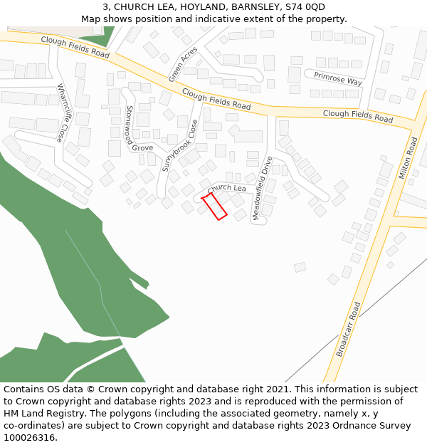 3, CHURCH LEA, HOYLAND, BARNSLEY, S74 0QD: Location map and indicative extent of plot