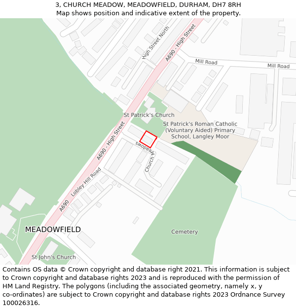 3, CHURCH MEADOW, MEADOWFIELD, DURHAM, DH7 8RH: Location map and indicative extent of plot