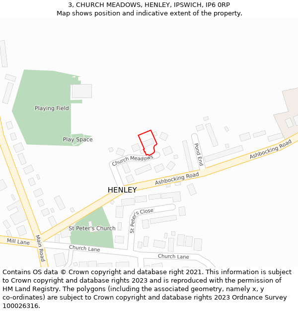 3, CHURCH MEADOWS, HENLEY, IPSWICH, IP6 0RP: Location map and indicative extent of plot