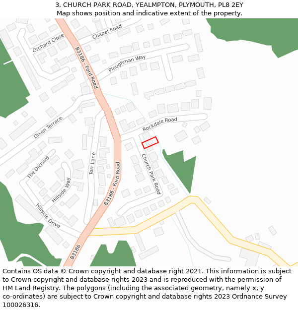 3, CHURCH PARK ROAD, YEALMPTON, PLYMOUTH, PL8 2EY: Location map and indicative extent of plot