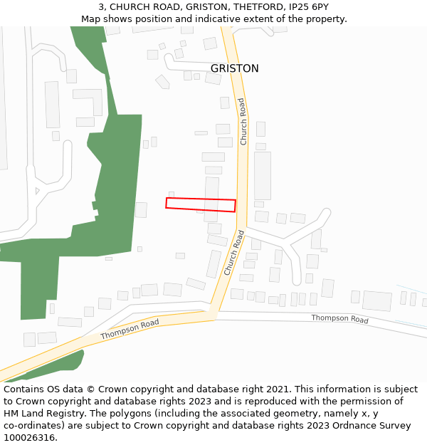 3, CHURCH ROAD, GRISTON, THETFORD, IP25 6PY: Location map and indicative extent of plot