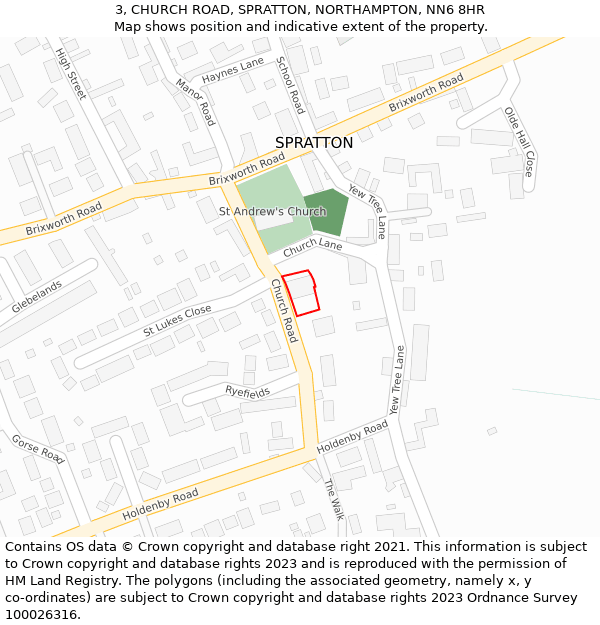3, CHURCH ROAD, SPRATTON, NORTHAMPTON, NN6 8HR: Location map and indicative extent of plot