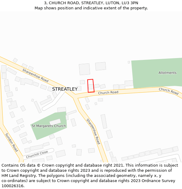 3, CHURCH ROAD, STREATLEY, LUTON, LU3 3PN: Location map and indicative extent of plot