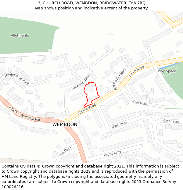 3, CHURCH ROAD, WEMBDON, BRIDGWATER, TA6 7RQ: Location map and indicative extent of plot