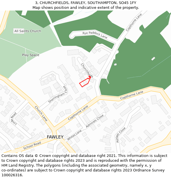 3, CHURCHFIELDS, FAWLEY, SOUTHAMPTON, SO45 1FY: Location map and indicative extent of plot