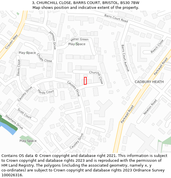 3, CHURCHILL CLOSE, BARRS COURT, BRISTOL, BS30 7BW: Location map and indicative extent of plot