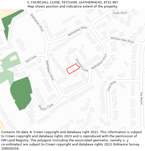 3, CHURCHILL CLOSE, FETCHAM, LEATHERHEAD, KT22 9EY: Location map and indicative extent of plot