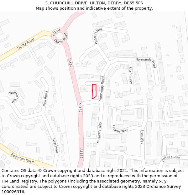 3, CHURCHILL DRIVE, HILTON, DERBY, DE65 5FS: Location map and indicative extent of plot