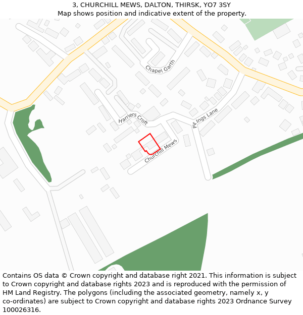 3, CHURCHILL MEWS, DALTON, THIRSK, YO7 3SY: Location map and indicative extent of plot