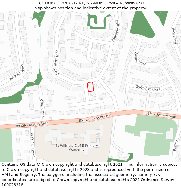 3, CHURCHLANDS LANE, STANDISH, WIGAN, WN6 0XU: Location map and indicative extent of plot