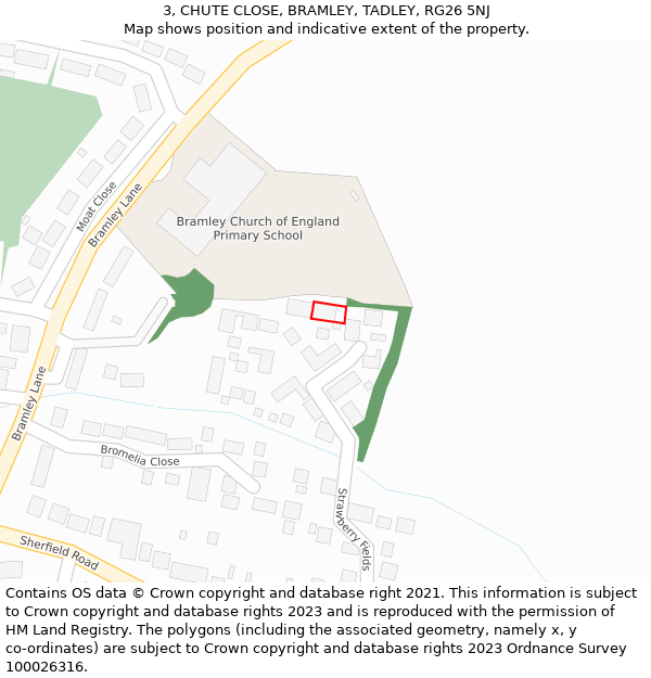 3, CHUTE CLOSE, BRAMLEY, TADLEY, RG26 5NJ: Location map and indicative extent of plot