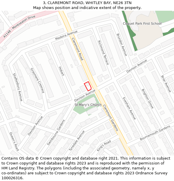 3, CLAREMONT ROAD, WHITLEY BAY, NE26 3TN: Location map and indicative extent of plot