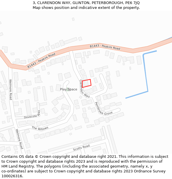 3, CLARENDON WAY, GLINTON, PETERBOROUGH, PE6 7JQ: Location map and indicative extent of plot