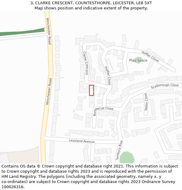 3, CLARKE CRESCENT, COUNTESTHORPE, LEICESTER, LE8 5XT: Location map and indicative extent of plot