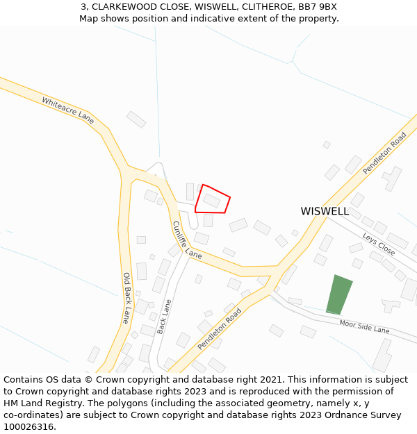 3, CLARKEWOOD CLOSE, WISWELL, CLITHEROE, BB7 9BX: Location map and indicative extent of plot