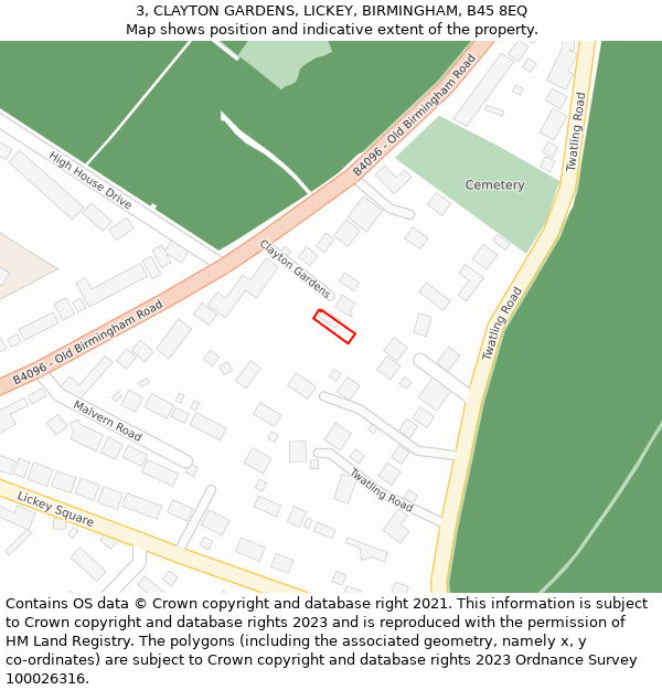 3, CLAYTON GARDENS, LICKEY, BIRMINGHAM, B45 8EQ: Location map and indicative extent of plot