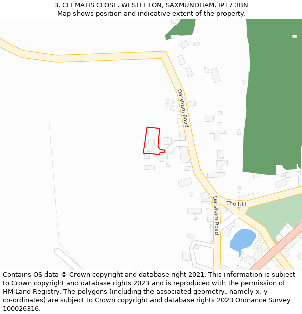 3, CLEMATIS CLOSE, WESTLETON, SAXMUNDHAM, IP17 3BN: Location map and indicative extent of plot