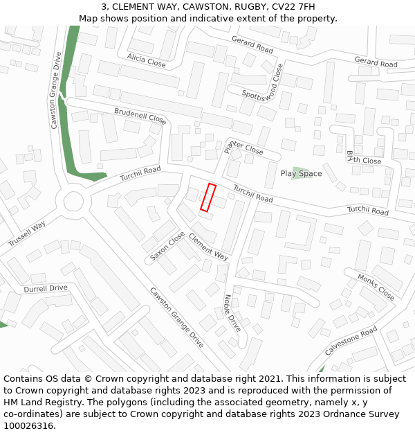 3, CLEMENT WAY, CAWSTON, RUGBY, CV22 7FH: Location map and indicative extent of plot