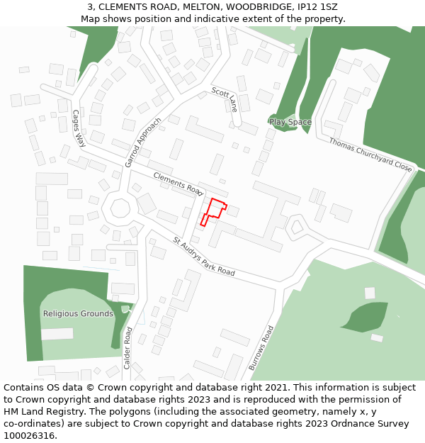 3, CLEMENTS ROAD, MELTON, WOODBRIDGE, IP12 1SZ: Location map and indicative extent of plot