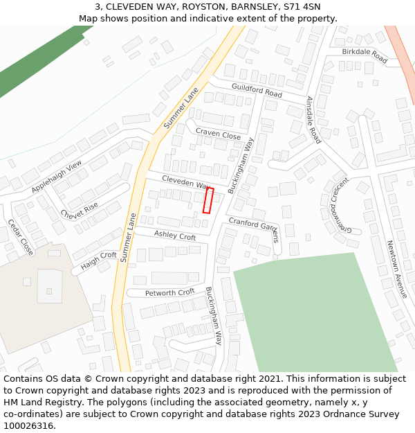 3, CLEVEDEN WAY, ROYSTON, BARNSLEY, S71 4SN: Location map and indicative extent of plot