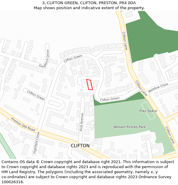 3, CLIFTON GREEN, CLIFTON, PRESTON, PR4 0DA: Location map and indicative extent of plot