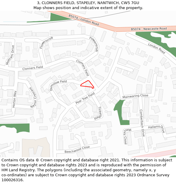 3, CLONNERS FIELD, STAPELEY, NANTWICH, CW5 7GU: Location map and indicative extent of plot