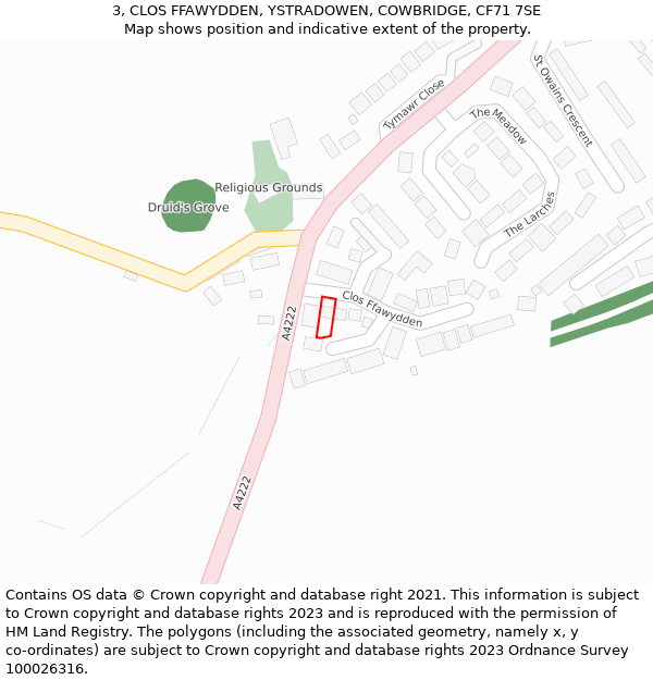 3, CLOS FFAWYDDEN, YSTRADOWEN, COWBRIDGE, CF71 7SE: Location map and indicative extent of plot