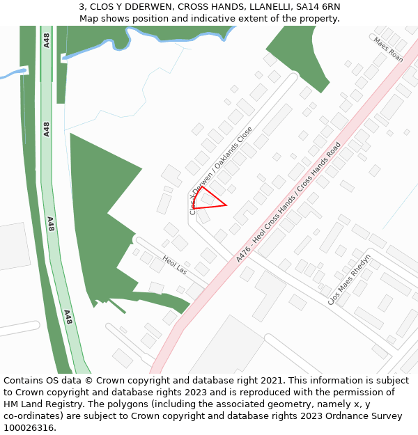 3, CLOS Y DDERWEN, CROSS HANDS, LLANELLI, SA14 6RN: Location map and indicative extent of plot