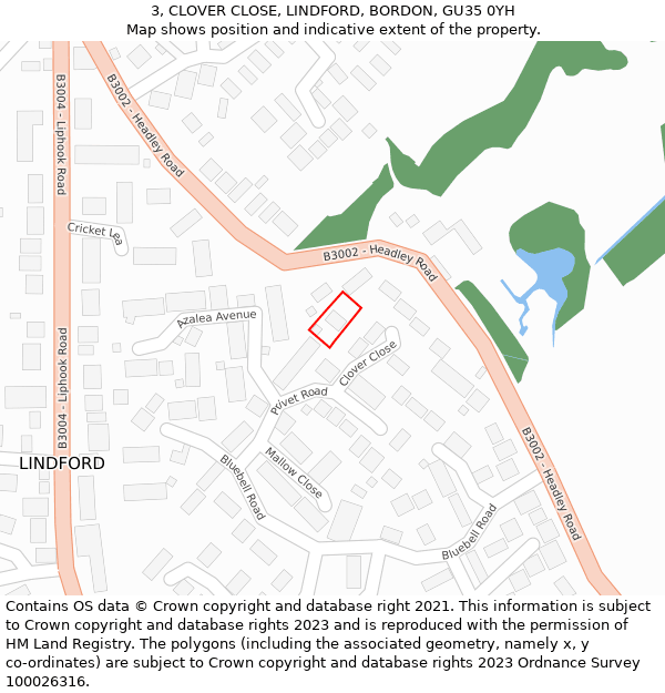 3, CLOVER CLOSE, LINDFORD, BORDON, GU35 0YH: Location map and indicative extent of plot