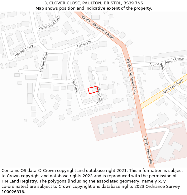 3, CLOVER CLOSE, PAULTON, BRISTOL, BS39 7NS: Location map and indicative extent of plot