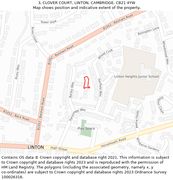 3, CLOVER COURT, LINTON, CAMBRIDGE, CB21 4YW: Location map and indicative extent of plot