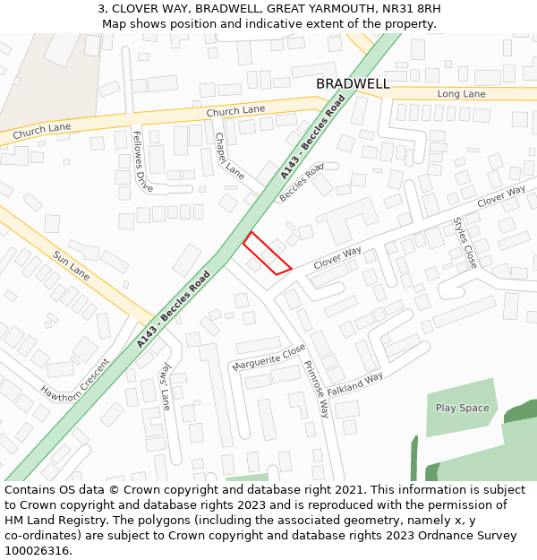 3, CLOVER WAY, BRADWELL, GREAT YARMOUTH, NR31 8RH: Location map and indicative extent of plot