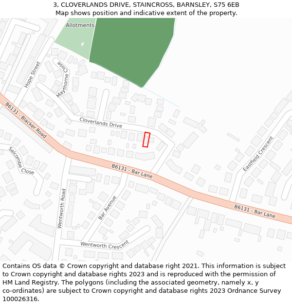 3, CLOVERLANDS DRIVE, STAINCROSS, BARNSLEY, S75 6EB: Location map and indicative extent of plot