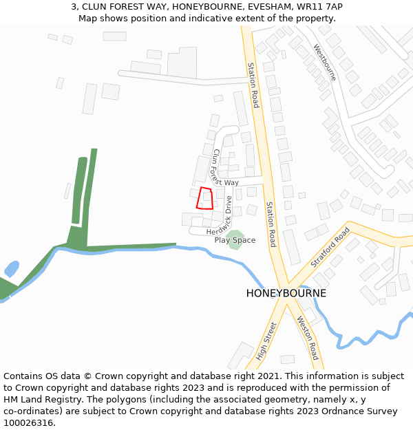 3, CLUN FOREST WAY, HONEYBOURNE, EVESHAM, WR11 7AP: Location map and indicative extent of plot