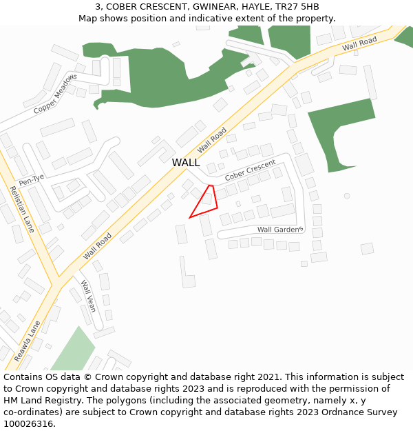 3, COBER CRESCENT, GWINEAR, HAYLE, TR27 5HB: Location map and indicative extent of plot