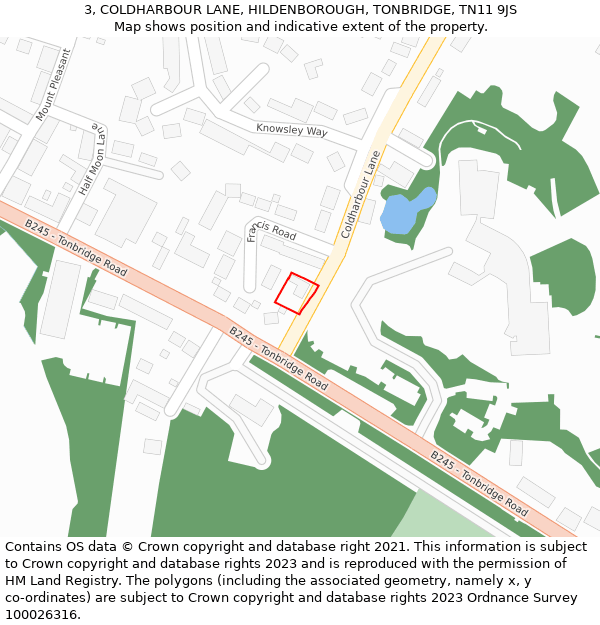 3, COLDHARBOUR LANE, HILDENBOROUGH, TONBRIDGE, TN11 9JS: Location map and indicative extent of plot