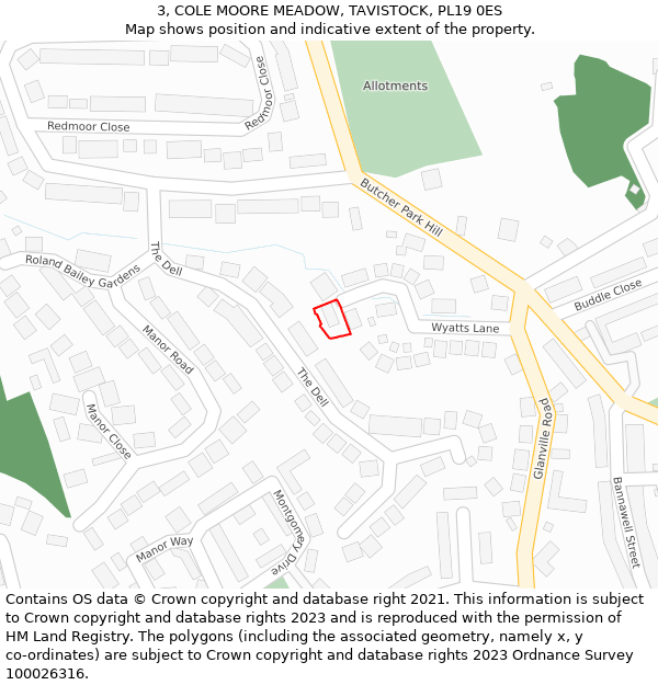 3, COLE MOORE MEADOW, TAVISTOCK, PL19 0ES: Location map and indicative extent of plot