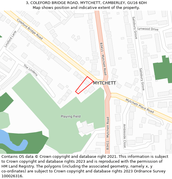 3, COLEFORD BRIDGE ROAD, MYTCHETT, CAMBERLEY, GU16 6DH: Location map and indicative extent of plot