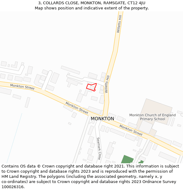 3, COLLARDS CLOSE, MONKTON, RAMSGATE, CT12 4JU: Location map and indicative extent of plot