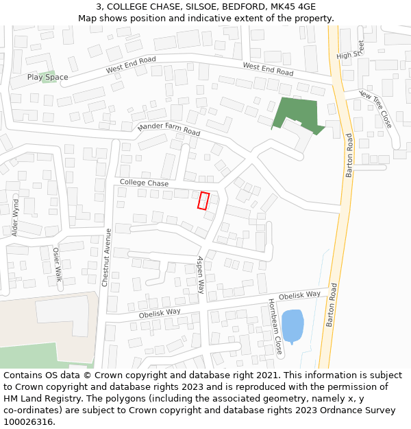 3, COLLEGE CHASE, SILSOE, BEDFORD, MK45 4GE: Location map and indicative extent of plot