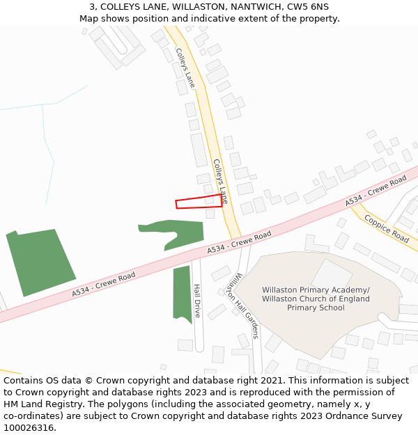 3, COLLEYS LANE, WILLASTON, NANTWICH, CW5 6NS: Location map and indicative extent of plot