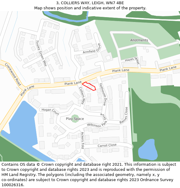 3, COLLIERS WAY, LEIGH, WN7 4BE: Location map and indicative extent of plot