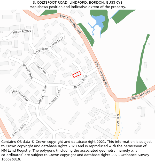 3, COLTSFOOT ROAD, LINDFORD, BORDON, GU35 0YS: Location map and indicative extent of plot