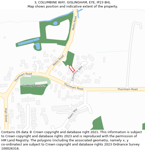 3, COLUMBINE WAY, GISLINGHAM, EYE, IP23 8HL: Location map and indicative extent of plot